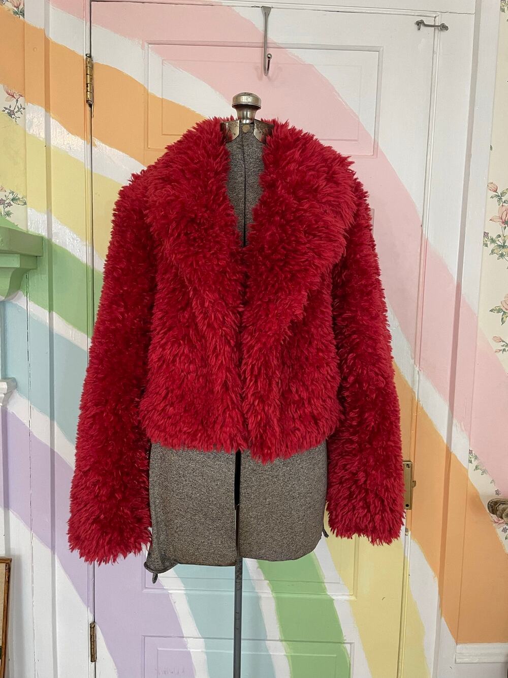 Free People, People of the Free Chili Pepper Red Faux Fur Jacket Small
